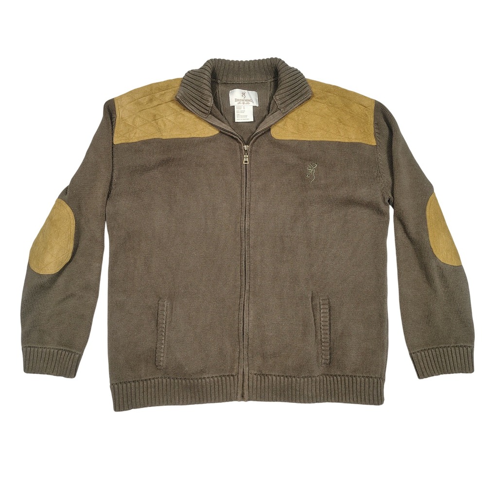 Browning Cardigan Women XL Full Zip Suede Trim Elbow Patch Olive Brown Sweater